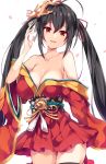  :d ahoge azur_lane bangs bare_shoulders black_hair black_legwear blush bow breasts cleavage collarbone commentary_request eyebrows_visible_through_hair fingernails hair_between_eyes hair_ribbon hand_up head_tilt highres japanese_clothes kimono large_breasts long_hair mask mask_on_head obi off_shoulder open_mouth petals pleated_skirt red_eyes red_kimono red_ribbon red_skirt ribbon sash simple_background skirt smile solo striped striped_bow taihou_(azur_lane) thighhighs twintails unacchi_(nyusankin) upper_teeth very_long_hair white_background white_bow 