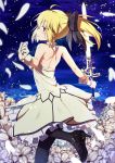  ahoge artoria_pendragon_(all) black_bow black_footwear black_legwear blonde_hair blue_sky bow caliburn choker dress eyebrows_visible_through_hair fate/unlimited_codes fate_(series) floating_hair flower gloves green_eyes hair_between_eyes hair_bow head_tilt high_heels highres holding holding_sword holding_weapon kawaruhi leg_up long_hair outdoors outstretched_arms pantyhose parted_lips petals ponytail pumps saber_lily short_dress shoulder_blades sky solo standing standing_on_one_leg strapless strapless_dress sword weapon white_dress white_flower white_gloves 