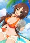  :d beach bikini bird blue_sky breasts brown_hair can cat_hair_ornament cleavage cloud collarbone day dutch_angle eyebrows_visible_through_hair floating_hair green_eyes hair_between_eyes hair_ornament halterneck highres himekawa_yuki holding holding_can idolmaster idolmaster_cinderella_girls innertube long_hair looking_at_viewer medium_breasts navel open_clothes open_mouth open_shorts orange_bikini outdoors palm_tree short_shorts shorts side-tie_bikini sky smile sollyz solo sunlight swimsuit tree very_long_hair white_shorts 