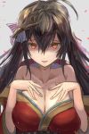  ahoge azur_lane bangs bare_shoulders black_hair blush breast_suppress breasts cleavage collarbone commentary_request eyebrows_visible_through_hair hair_between_eyes hair_ornament hair_ribbon huge_breasts japanese_clothes kimono large_breasts long_hair looking_at_viewer mask mask_on_head open_mouth petals red_eyes ribbon shaded_face sidelocks smile solo taihou_(azur_lane) upper_body uutan_(shibainu_kakumei) very_long_hair yandere 