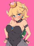  bare_shoulders black_nails blonde_hair blue_eyes blush bowsette bracelet breasts brooch cleavage closed_mouth collar collarbone commentary covered_navel crown dress earrings eyebrows_visible_through_hair fang_out fingernails hands_on_hips highres horns jewelry karan long_hair looking_at_viewer mario_(series) nail_polish new_super_mario_bros._u_deluxe pink_background sidelocks simple_background skindentation smile solo spiked_bracelet spiked_collar spikes strapless strapless_dress super_crown turtle_shell upper_body 