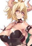  absurdres bare_shoulders blonde_hair blue_eyes borrowed_design bowsette bracelet breasts cleavage collar commentary crown earrings eyebrows_visible_through_hair frown gem hair_between_eyes hand_up highres horns jewelry kobo_(cobo_0609) large_breasts looking_at_viewer mario_(series) new_super_mario_bros._u_deluxe ponytail shell sketch spiked_armlet spiked_bracelet spiked_collar spikes super_crown super_mario_bros. white_background 