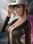  alternate_hairstyle backlighting bangs baseball_cap blurry blurry_background breasts brown_eyes brown_hair d.va_(overwatch) eyelashes grey_jacket hair_bun hat jacket lolliedrop looking_at_viewer medium_breasts naked_coat nose overwatch pink_lips shooting_star_d.va signature smile solo upper_body watermark web_address zipper 