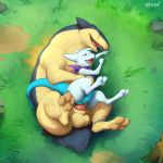  2018 balls big_dom_small_sub blue_skin blush clothing digital_media_(artwork) duo erection fak&eacute;mon female feral fur long_tail looking_pleasured lunamew lying male male/female male_penetrating mammal nawka nintendo on_side open_mouth penetration penis pok&eacute;mon pok&eacute;mon_(species) pussy sex simple_background size_difference smile soot_(bleat) tongue tongue_out typhlosion vaginal vaginal_penetration video_games white_fur 
