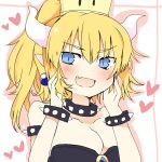  :d bare_shoulders black_dress blonde_hair blue_eyes blush bowsette bracelet breasts cleavage collar collarbone commentary_request crown dress eyebrows_visible_through_hair fang hair_between_eyes hands_on_own_face heart heart_background horns jewelry large_breasts looking_at_viewer mario_(series) matsushita_yuu new_super_mario_bros._u_deluxe open_mouth smile smug solo spiked_bracelet spiked_collar spikes super_crown upper_body v-shaped_eyebrows 