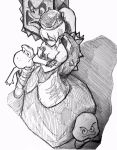  1girl armlet bare_shoulders borrowed_design bowsette bracelet brooch closed_mouth commentary crossed_arms crown dress earrings fangs_out from_above full_body goomba greyscale height_difference high_ponytail highres jewelry koopa_troopa long_dress long_hair looking_afar mario_(series) monochrome new_super_mario_bros._u_deluxe no_horn open_mouth pointy_ears ponytail serious sidelocks size_difference sketch spiked_armlet spiked_bracelet spikes standing strapless strapless_dress super_crown super_mario_bros. thwomp turtle_shell 