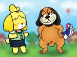  2018 animal_crossing animal_genitalia anthro avian balls bird blurred_background blush canine clothed clothed/nude clothed_female_nude_male clothing collar covering_face dog dot_eyes duck duck_hunt duck_hunt_dog duck_hunt_duck duo_focus embarrassed female feral grin group isabelle_(animal_crossing) male mammal nintendo nishi nude semi-anthro sheath smile video_games wings 