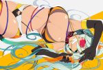  aqua_hair bikini breasts cleavage collar commentary_request cowboy_shot dark_skin elbow_gloves eyepatch fang gloves green_eyes grin heart heart_eyepatch highleg highleg_bikini hybrid_monster large_breasts looking_at_viewer lying mascot micro_shorts mouth_hold mzh navel official_art on_back orange_bikini original red_collar ribbon shorts skindentation smile solo strap_gap strap_pull swimsuit tail tail_hold twintails underboob untied untied_bikini 
