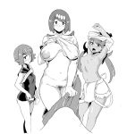  3girls ac_butsupa blush creatures_(company) dark_skin game_freak inverted_nipples mao_(pokemon) milf monochrome multiple_girls nintendo pokemon pubic_hair smile suiren&#039;s_mother_(pokemon) suiren_(pokemon) swimsuit undressing 