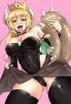  bare_shoulders black_legwear black_leotard blonde_hair blue_eyes bowsette bracelet breasts cleavage collar commentary covered_navel crown earrings eyebrows_visible_through_hair horns jewelry kirisaki_byakko large_breasts leotard long_hair long_tongue looking_at_viewer mario_(series) naughty_face new_super_mario_bros._u_deluxe open_mouth pink_background ponytail sharp_teeth simple_background solo spiked_bracelet spiked_collar spikes standing super_crown tail teeth thighhighs tongue tongue_out twitter_username 