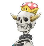  black_dress bowsette brooch chamaji collar commentary crown dress dry_bowser glowing glowing_eyes highres horns jewelry looking_at_viewer mario_(series) new_super_mario_bros._u_deluxe portrait sharp_teeth simple_background skeleton skull spiked_collar spikes super_crown super_mario_bros. teeth white_background 