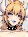  bare_shoulders blonde_hair blue_eyes bowsette collar collarbone commentary_request crown earrings eyelashes eyeshadow face hair_between_eyes half-closed_eyes head_tilt highres horns jewelry lips lipstick long_hair makeup mario_(series) naughty_face new_super_mario_bros._u_deluxe parted_lips pointy_ears purple_lipstick ringed_eyes sidelocks slit_pupils smile solo spiked_collar spikes super_crown terumin_(yuganda_sebone) 