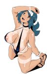  ac_butsupa blue_eyes blue_hair blush creatures_(company) game_freak kneeling milf nintendo pokemon slingshot_swimsuit suiren&#039;s_mother_(pokemon) swimsuit tan tanline 
