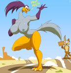  2017 3_toes anthro avian beak big_breasts bird breasts canine coyote crossgender detailed_background english_text feet female hi_res looney_tunes male mammal outside roadrunner roadrunner_(looney_tunes) text thick_thighs toes warner_brothers wile_e._coyote zp92 