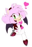  &lt;3 2018 amy_rose anthro big_eyes black_nose blush boots breasts cleavage clothed clothing cosplay eulipotyphlan female footwear front_view gloves green_eyes hair hedgehog looking_at_viewer mammal monidraws pink_hair pointy_ears rouge_the_bat solo sonic_(series) waving 