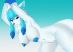  2018 anthro anthrofied bent_over big_breasts biped black_nose blue_background blue_eyes blue_hair blue_nipples breasts butt_from_front canine cool_colors digital_drawing_(artwork) digital_media_(artwork) ears_back eeveelution eyebrows eyelashes female front_view frown glaceon gloves_(marking) gradient_background grey_hair hair half-length_portrait hands_above_head huge_breasts leaning leaning_forward looking_at_viewer lunarii mammal markings multicolored_hair navel nintendo nipples nude pink_pussy pok&eacute;mon pok&eacute;mon_(species) pok&eacute;morph portrait pussy raised_arm simple_background solo two_tone_hair video_games watermark white_background white_body white_tail 