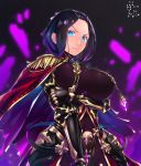  &gt;:| :| armor bettle_(b_s_a_n) black_background black_hair blue_eyes breasts cape closed_mouth commentary_request covered_navel epaulettes gauntlets hikage_(sennen_sensou_aigis) large_breasts looking_at_viewer red_cape sennen_sensou_aigis solo standing 