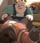  2016 anthro bear belly blush brown_fur clothed clothing duo eyes_closed eyewear fur glasses hinami humanoid_hands male mammal open_shirt overalls overweight overweight_male polar_bear shirt sitting sweat white_fur 
