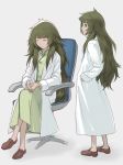  chair closed_eyes dress flat_chest full_body green_eyes green_hair grey_background hand_in_pocket highres hiyajou_maho labcoat long_hair long_sleeves menomorute multiple_views older profile shoes simple_background sitting standing steins;gate steins;gate_0 