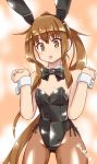  akai_akasaki alternate_costume animal_ears black_leotard black_neckwear bow bowtie brown_eyes brown_hair brown_legwear bunny_ears bunnysuit cowboy_shot detached_collar fumizuki_(kantai_collection) kantai_collection leotard long_hair orange_background pantyhose ponytail smile solo strapless strapless_leotard twitter_username wrist_cuffs 