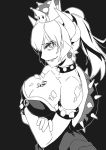  1girl armlet bare_shoulders between_breasts borrowed_design bowsette bracelet breasts cleavage collar crown dress giantess greyscale highres horns jewelry large_breasts lipstick looking_at_viewer luckyb makeup mario mario_(series) miniboy monochrome new_super_mario_bros._u_deluxe person_between_breasts ponytail sharp_teeth size_difference smirk spiked_bracelet spiked_collar spikes super_crown super_mario_bros. teeth turtle_shell 
