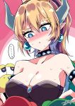  1girl 2boys bare_shoulders blonde_hair blue_eyes blush borrowed_design bowsette breasts cleavage collar earrings eyebrows eyebrows_visible_through_hair forked_eyebrows heart heart-shaped_pupils highres himiya_ramune horns jewelry koopa_troopa large_breasts luigi mario mario_(series) multiple_boys new_super_mario_bros._u_deluxe pointy_ears ponytail short_hair signature spiked_collar spikes spoken_ellipsis super_crown sweat symbol-shaped_pupils upper_body 
