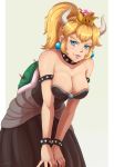  2018 absurd_res alternate_species animal_humanoid blonde_hair blue_eyes bowser bowsette_meme breasts cleavage clothed clothing crossgender crown digital_media_(artwork) dress evomanaphy eyelashes fangs female hair hi_res horn humanoid humanoidized lipstick looking_at_viewer makeup mario_bros nintendo pink_lipstick shell solo super_crown video_games 
