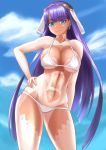  bikini blue_eyes breasts cleavage collarbone commentary_request earrings eyebrows_visible_through_hair fate/grand_order fate_(series) hand_on_hip jewelry kanki_(kibunhasaikou) large_breasts light_smile long_hair looking_at_viewer one-piece_tan purple_hair saint_martha solo swimsuit tan tanline veil very_long_hair white_bikini 