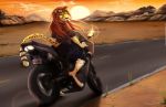  2018 5_fingers anthro barefoot bike_(disambiguation) cheetah claws cliffs clothing desert eyewear fangs feline female finger_claws fingers freeway fur goggles green_eyes hair jacket license_plate looking_at_viewer looking_back mammal motorcycle multicolored_fur multicolored_tail open_mouth open_smile outside pants red_hair road sharp_teeth signature smile solo spots spotted_tail sun teeth two_tone_fur vehicle whiskers yellow_eyes yellow_fur yoko_darkpaw 