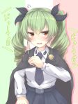  anchovy black_cape black_ribbon blue_neckwear blue_skirt blush cape commentary_request drill_hair eyebrows_visible_through_hair girls_und_panzer green_hair hair_ribbon highres italian_flag long_hair looking_to_the_side necktie open_mouth red_eyes ribbon shirt skirt solo translation_request tsubu_c twin_drills twintails wavy_mouth white_shirt 