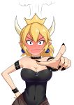  angry blonde_hair blue_eyes blush borrowed_design bowsette breasts cleavage covered_navel crown dress ear_blush earrings embarrassed fang full-face_blush glaring hand_on_hip head_steam highres jewelry large_breasts looking_at_viewer mario_(series) new_super_mario_bros._u_deluxe pointing pointy_ears ponytail simple_background solo spiked strapless strapless_dress super_crown the_only_shoe wavy_mouth white_background wide-eyed 
