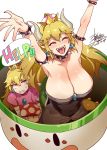  2girls ^_^ ^o^ annoyed armpits arms_up blonde_hair blue_eyes blush borrowed_design bowsette bracelet breasts cleavage closed_eyes collar commentary_request crown cup dress english eyebrows eyebrows_visible_through_hair fangs forked_eyebrows half-closed_eyes happy huge_breasts jewelry koopa_clown_car mario_(series) mizuryuu_kei multicolored multicolored_text multiple_girls mushroom new_super_mario_bros._u_deluxe open_mouth outstretched_arms outstretched_hand ponytail princess princess_peach sharp_teeth shoulder_spikes signature simple_background smile spiked_bracelet spiked_collar spikes standing strapless super_crown super_mario_world sweatdrop tail teeth text_focus white_background |d 