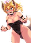  :d armlet bare_shoulders black_leotard black_nails blonde_hair blue_eyes blush bowsette bracelet breasts claw_pose cleavage collar collarbone commentary_request covered_navel crown earrings fangs hair_between_eyes horns jewelry large_breasts leotard long_hair looking_at_viewer mario_(series) nail_polish new_super_mario_bros._u_deluxe open_mouth pointy_ears ponytail simple_background smile spikes standing studded_armlet studded_bracelet studded_collar super_crown super_mario_bros. tail teeth v-shaped_eyebrows white_background yuu_(kfc) 