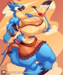  2018 amber_eyes anthro avian beak big_breasts bird black_beak blue_feathers bracelet breasts breath_of_the_wild cleavage clothed clothing crossgender digital_media_(artwork) feathers female hi_res huge_breasts jaeh jewelry kass_(zelda) looking_at_viewer multicolored_feathers muscular muscular_female muscular_thighs nintendo non-mammal_breasts open_beak open_mouth patreon rito solo the_legend_of_zelda thick_thighs video_games 
