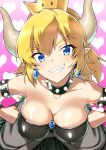  bare_shoulders black_dress blonde_hair blue_eyes blush borrowed_character bowsette bracelet breasts choker collar collarbone commentary_request covered_nipples crown dress earrings eyebrows_visible_through_hair from_above grin hair_between_eyes hands_on_hips horns jewelry large_breasts looking_at_viewer mario_(series) new_super_mario_bros._u_deluxe pointy_ears ponytail sharp_teeth shell smile solo strapless strapless_dress studded_bracelet studded_collar super_crown teeth yuto_(dialique) 