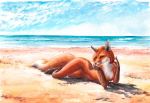  anthro beach black_nose canine claws day dipstick_tail elkir eyelashes female fox hair lying mammal multicolored_tail nude on_side outside red_fox sand sea seaside shadow sky smile solo toe_claws water 