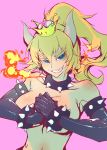  absurdres armlet black_gloves blonde_hair blue_eyes bowsette bracelet breasts breathing_fire collar commentary_request cracking_knuckles crown earrings elbow_gloves fire gloves grin highres horns jewelry large_breasts long_hair mario_(series) navel new_super_mario_bros._u_deluxe pink_background ponytail qianbi_he sharp_teeth slit_pupils smile smirk spiked_bracelet spiked_collar spikes super_crown super_mario_bros. teeth topless upper_body 