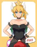  1girl black_dress blonde_hair blue_eyes blush bowsette breasts cabbie_hat cleavage commentary_request crown dress earrings eyebrows eyebrows_visible_through_hair fang fang_out forked_eyebrows hands_on_hips hat height_difference highres horns jewelry looking_up mario mario_(series) new_super_mario_bros._u_deluxe nose partially_translated smile strapless strapless_dress super_crown thought_bubble translation_request tsunemuku_sakami 