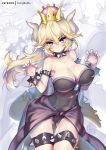  ass_visible_through_thighs bangs bare_shoulders black_leotard blonde_hair blue_eyes blush bowsette bracelet breasts claw_pose cleavage closed_mouth collar commentary_request covered_nipples crown curled_horns earrings eyebrows_visible_through_hair fingernails hair_between_eyes hands_up head_tilt hong_(white_spider) horns jewelry large_breasts leotard long_hair looking_at_viewer mario_(series) mini_crown nail_polish new_super_mario_bros._u_deluxe purple_nails solo spiked_bracelet spiked_collar spiked_tail spikes strapless strapless_leotard super_crown tail v-shaped_eyebrows very_long_hair 