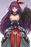  :d amduscias_(megido72) bar_censor black_wings blush breasts censored dress dress_lift eyebrows_visible_through_hair feathered_wings hair_ribbon heterochromia long_hair megido72 mole mole_under_mouth navel nipples open_clothes open_mouth open_shirt pantyhose purple_hair pussy pussy_juice ribbon single_wing smile standing steam torn_clothes torn_legwear wings yas_(35373) 