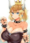  armlet bare_shoulders black_dress blonde_hair blue_eyes bowsette bracelet breasts claw_pose claws collar collarbone commentary_request crown dress earrings fang fang_out jewelry large_breasts mario_(series) new_super_mario_bros._u_deluxe sharp_teeth spiked_bracelet spiked_collar spikes strapless strapless_dress super_crown super_mario_bros. teeth turtle_shell upper_body yac_(mokkori) 