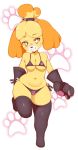  2018 animal_crossing anthro bell bikini black_nose blush breasts canine clothing coffeechicken dog female front_view full-length_portrait fur gloves isabelle_(animal_crossing) legwear looking_at_viewer mammal navel nintendo on_one_leg paw_gloves portrait shih_tzu smile solo standing stockings swimsuit thick_thighs video_games wide_hips yellow_fur yellow_sclera 