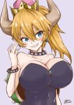  bare_shoulders black_dress blonde_hair blue_eyes blush borrowed_character bowsette bracelet breasts choker collar commentary_request crown dress earrings eyebrows_visible_through_hair grin hair_between_eyes highres horns huge_breasts jewelry mario_(series) new_super_mario_bros._u_deluxe pointy_ears ponytail shell signature simple_background smile solo strapless strapless_dress studded_bracelet studded_collar super_crown upper_body yamato_nadeshiko 