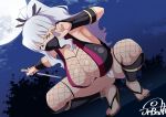  1girl artist_name breasts feet huge_breasts idolmaster idolmaster_(classic) jabara_tornado long_hair looking_at_viewer mask ninja ponytail purple_eyes shijou_takane silver_hair solo squatting 