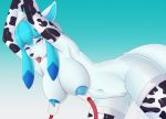  2018 ahegao anthro anthrofied armwear bent_over big_breasts biped black_nose blue_background blue_eyes blue_hair blue_nipples breast_milking breasts butt_from_front canine clothing cool_colors cow_print digital_drawing_(artwork) digital_media_(artwork) ears_back eeveelution elbow_gloves eye_roll eyebrows eyelashes female front_view glaceon gloves gradient_background grey_hair hair half-length_portrait hands_above_head huge_breasts lactating leaning leaning_forward legwear looking_pleasured looking_up lunarii machine mammal milk milking_machine mostly_nude multicolored_hair navel nintendo nipples open_mouth pink_pussy pok&eacute;mon pok&eacute;mon_(species) pok&eacute;morph portrait pussy raised_arm red_tongue saliva saliva_string simple_background solo thigh_highs tongue tongue_out two_tone_hair video_games watermark white_background white_body white_tail 
