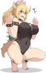  armlet bare_shoulders barefoot black_leotard blonde_hair blue_eyes bowsette bracelet breasts collar commentary_request covered_navel covered_nipples crown feet horns jewelry large_breasts leotard mario_(series) new_super_mario_bros._u_deluxe open_mouth ponytail sharp_teeth shiseki_hirame spiked_bracelet spiked_collar spikes squatting strapless strapless_leotard super_crown super_mario_bros. tail teeth turtle_shell 
