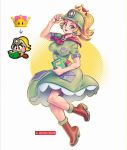  :d artist_name blonde_hair blush_stickers book brown_footwear crown dress earrings full_body goombella green_dress hand_up helmet jewelry mario_(series) new_super_mario_bros._u_deluxe open_mouth paper_mario paper_mario:_the_thousand_year_door pocket ponytail short_sleeves simple_background smile super_crown supersatanson thick_eyebrows watermark 