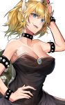  absurdres armpits bare_shoulders black_dress black_nails blue_eyes bowsette bracelet breasts cizzi cleavage collar collarbone commentary_request crown dress earrings fangs highres horns jewelry mario_(series) medium_breasts nail_polish new_super_mario_bros._u_deluxe open_mouth pointy_ears ponytail sharp_teeth shell short_hair simple_background smile solo spiked_armlet spiked_bracelet spiked_collar spikes super_crown teeth white_background 