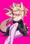  &gt;:) arm_up armlet armpits bare_shoulders black_dress blonde_hair blue_eyes borrowed_design bowsette bracelet breasts cleavage collar commentary crossed_legs crown dress eyebrows_visible_through_hair grin horns jewelry knee_up large_breasts long_hair looking_at_viewer mario_(series) miyagoe_yoshitsuki new_super_mario_bros._u_deluxe pantyhose pink_background ponytail purple_legwear shell simple_background sitting smile spiked_armlet spiked_bracelet spiked_collar spikes super_crown super_mario_bros. tail teeth thick_eyebrows 