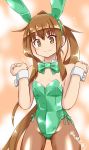  akai_akasaki alternate_costume animal_ears bow bowtie brown_eyes brown_hair brown_legwear bunny_ears bunnysuit cowboy_shot detached_collar fumizuki_(kantai_collection) green_leotard green_neckwear kantai_collection leotard long_hair orange_background pantyhose ponytail smile solo strapless strapless_leotard twitter_username wrist_cuffs 